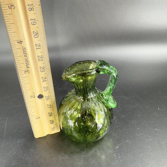 Hand Made Art Glass Green Optic Jug Miniature Pitcher Hand Blown Glass Decor VTG - Picture 7 of 14